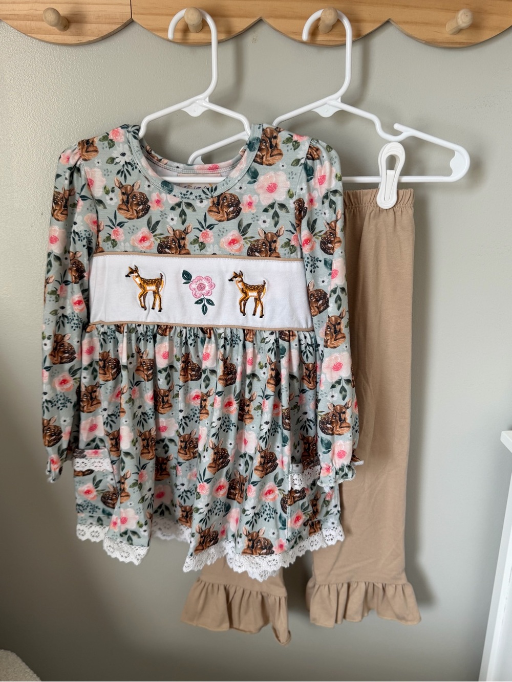 Two Little Gems Girls 4T 2Pc Deer Floral Tunic & Ruffle Pants Set Cotton